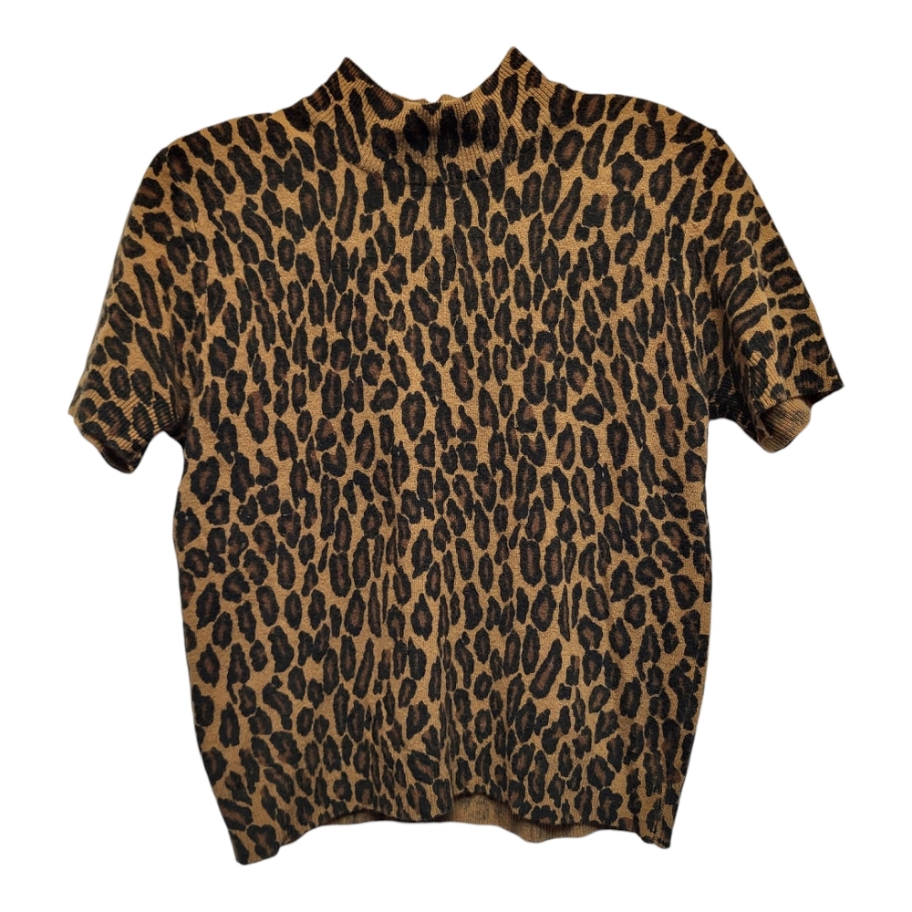 Nina Charles for Kasper Leopard Print Short Sleeved Wool Blend Sweater - Size M